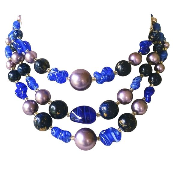 VTG Japan 50s 60s Necklace Two Strand Glass Bead Faux Pearl Graduated Colorful - Picture 4 of 13